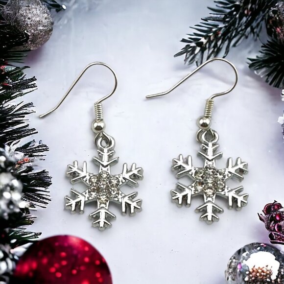 White Rhinestone Snowflake Earrings Platinum Finish - Picture 1 of 8